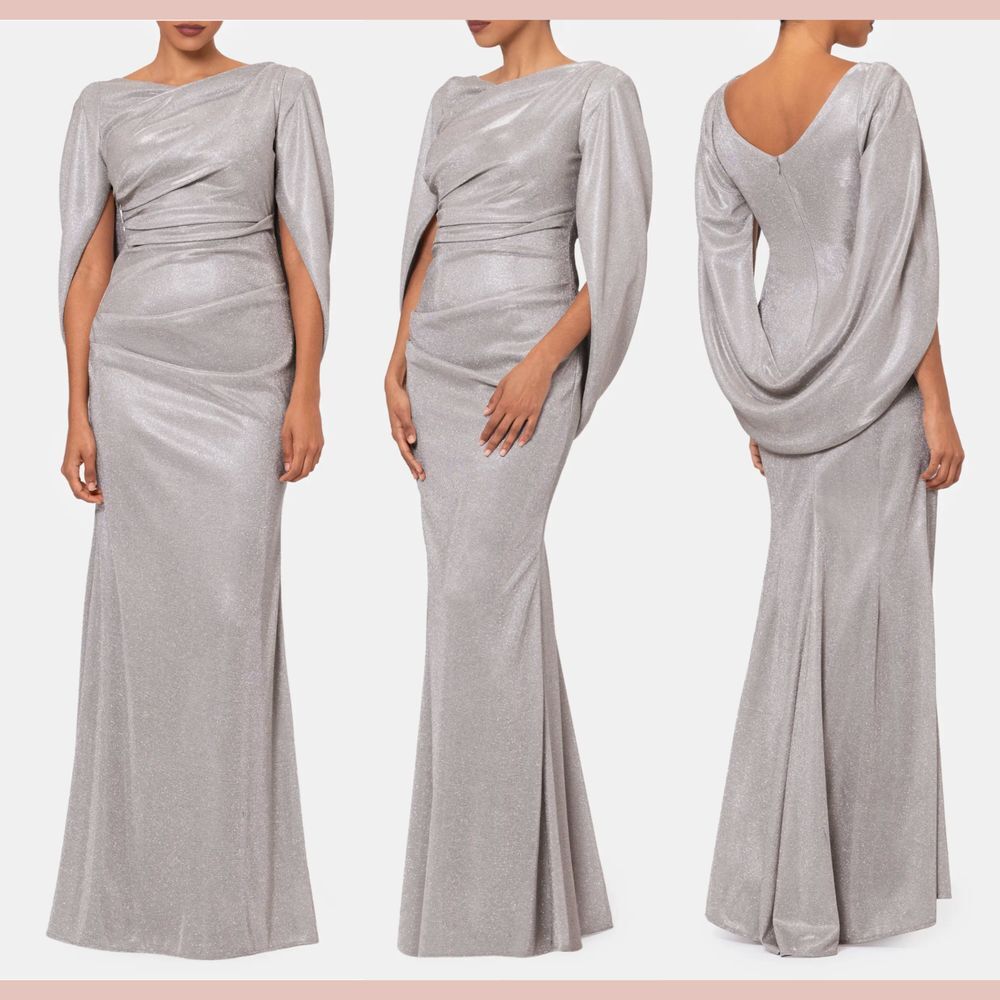 NWT Betsy & Adam [ 10 ] Drape Cape Metallic Sleeve Trumpet Gown TaupeSilver Q992